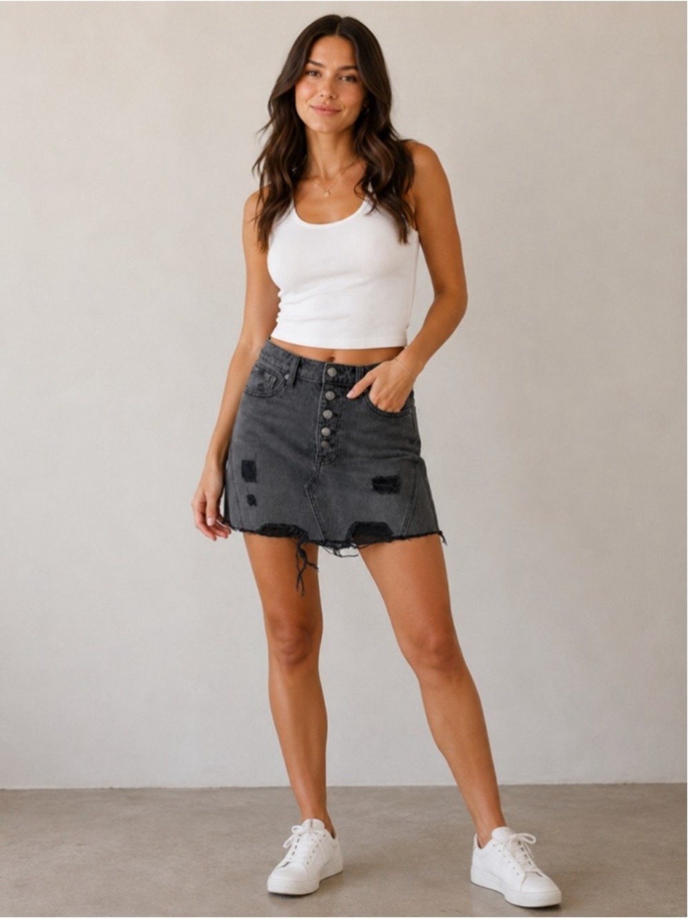 We The Free Rainn distressed black denim mini skir (1)
